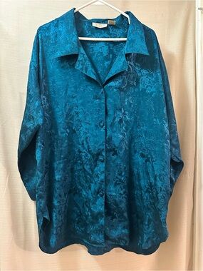 Vintage Victoria’s Secret Teal Satin Jacquard Pajama Top Button Front M/L
